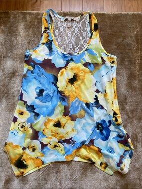 American Rag Floral Lace-Back Tank Top - Blue & Yellow